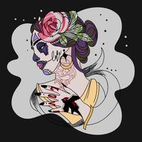 Beautiful girl in Chicano style, with a tattoo, roses in her hair, an inscription on her hand, a dark background vector