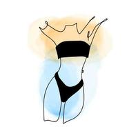 Fragment of the body of a girl in a black swimsuit, one line contour drawing, linear in the style of doodles on a watercolor background, aesthetics vector