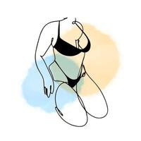 Fragment of the body of a girl in a black swimsuit, one line contour drawing, linear in the style of doodles on a watercolor background, aesthetics vector