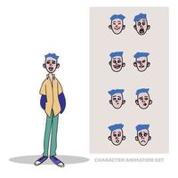 Character animation set, boy schoolboy, full length, people creation with emotions, doodle vector