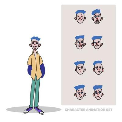 Character animation set, boy schoolboy, full length, people creation with emotions, doodle