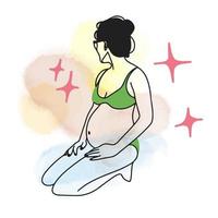 Pregnant girl in a swimsuit, in sunglasses, round and big belly, pregnancy, beach season, doodle vector