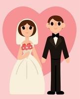 Lovely bride and groom on background of pink big heart. Colored background. Vector illustration. Design element