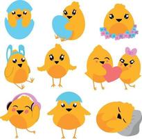 Set of different cute chickens. They emerge from Easter eggs listen to music give heart sleep. Vector illustration. Easter chicks collection isolated on white background. Design element