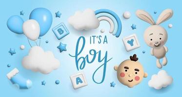 Baby shower 3d space. Banner poster on Baby shower in render style. Lettering it's a boy 3 d style. vector