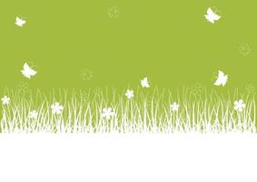 fondo verde de verano con siluetas de hierba y mariposas vector