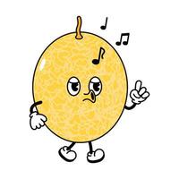 lindo y divertido personaje de canto caminando de melón. vector dibujado a mano dibujos animados tradicionales vintage, retro, icono de ilustración de carácter kawaii. aislado sobre fondo blanco. paseo de melón y personaje de canto