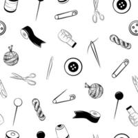Handmade tools seamless pattern, outline graphic icon set, isolated simple shape, sewing needle roulette ribbon pin scissors yarn hook knitting thread ravel embroidery craft, doodle fabric print. vector
