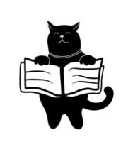 Hand drawn cute cat with book, doodle icon isolated on white background. Simple vector reading hobby concept. Library logo design template.