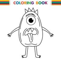 Funny and cute Alien monster with three eyes for kids. Imaginary creature for children coloring book, black and white outline fantasy cartoon for coloring pages. vector