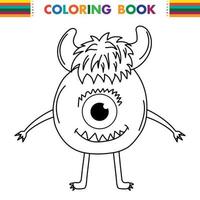 Funny and cute Alien monster with three eyes for kids. Imaginary creature for children coloring book, black and white outline fantasy cartoon for coloring pages. vector