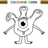 Funny and cute Alien monster with three eyes for kids. Imaginary creature for children coloring book, black and white outline fantasy cartoon for coloring pages. vector