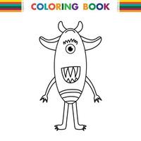 divertido y lindo monstruo alienígena con tres ojos para niños. criatura imaginaria para niños libro para colorear, dibujos animados de fantasía en blanco y negro para páginas para colorear. vector