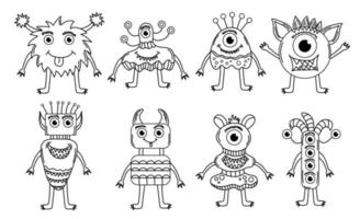 Vector set of eight cute monsters. Funny line hand-drawn aliens for coloring pages. Bundle of decorative design elements. Flat vector illustration.