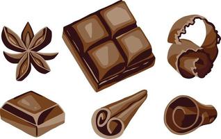 Set of broken chocolate bars and shavings on white background, realistic illustration. vector