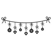 Christmas garland of snowflakes and Christmas tree toys, black outline in doodle style vector