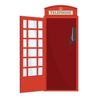 Red telephone booth with open door, color vector isolated cartoon-style illustration