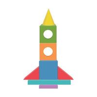 Colorful wooden rocket toy made of wooden blocks, Vector illustration in a flat style, isolated on a white background