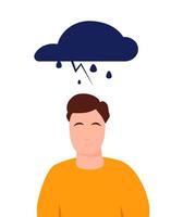 personaje de hombre joven con lluvia de nubes, pensamiento negativo deprimido, pesimismo, mal humor, concepto de persona infeliz. ilustración aislada de vector plano. emoción negativa