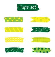 A set of colorful green doodle stripes of washi tape with a pattern. Vector illustration of cute decorative tape isolated on white background.