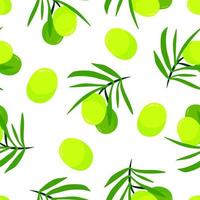Green olives branch cartoon seamless pattern, vector illustration isolated on white background. Colorful fresh organic healthy olive oil concept. Logo branding design element. Fabric print template.