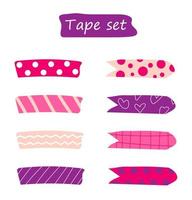 A set of colorful pink doodle stripes of washi tape with a pattern. Vector illustration of cute decorative tape isolated on white background.