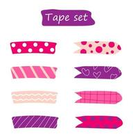 A set of colorful pink doodle stripes of washi tape with a pattern. Vector illustration of cute decorative tape isolated on white background.