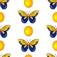 dibujos animados mariposa colorido patrón sin fisuras aislado sobre fondo blanco. plantilla de impresión de tela vectorial de vivero. hermoso fondo de pantalla de insectos. joya amarilla y alas de mariposa azul. vector