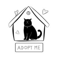 Cute cat animal with banner, adopt me phrase, conceptual illustration isolated on white background. Doodle vector drawing. Rescue abandoned pet in shelter. Simple house silhouette.