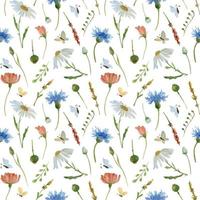 Flower Watercolor Seamless Pattern. Hand drawn Floral vector Background with different meadow plants. Ornament with white chamomiles and cornflowers. Design for wrapping paper, fabric or scrapbooking