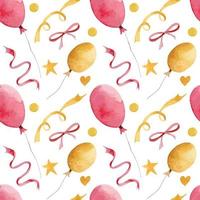 Watercolor Seamless Pattern with red and yellow Balloons and ribbons. Hand painted vector Background for Birthday Party invitations or wrapping paper