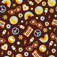 Retro groovy seamless pattern with hippie elements on a brown background. Vector illustration in style 70s, 80s