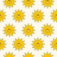 Cute seamless pattern with vintage smiling groovy sun on a light background. Funny hippie texture for surface design, wallpaper, fabric design. Vector illustration