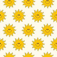 Cute seamless pattern with vintage smiling groovy sun on a light background. Funny hippie texture for surface design, wallpaper, fabric design. Vector illustration