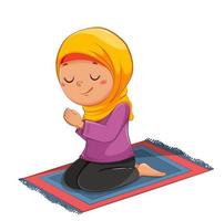 eid al adha mubarak. linda chica de dibujos animados rezando vector
