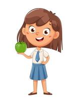 Cute schoolgirl holding fresh green apple vector