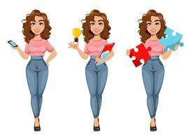 Beautiful business woman, set of three poses vector