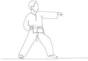 Single line drawing of sporty young karateka woman in fighting uniform with belt exercising martial arts in gym vector illustration. Healthy sports lifestyle concept. Modern continuous line drawing