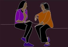 Single continuous line image of two young female workers chatting casually during office break. Having small talk at work one line concept drawing graphic design vector illustration