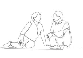 Single continuous line drawing of two young male workers chatting casually during office break. Having small talk at work one line concept drawing graphic design vector illustration