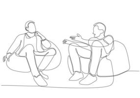 Single continuous line drawing of two young male workers chatting casually during office break. Having small talk at work one line concept drawing graphic design vector illustration