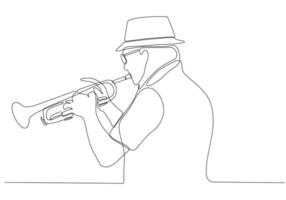 línea continua hombre soplando jazz saxofón instrumento estilo simple dibujado a mano música estilo vector ilustración