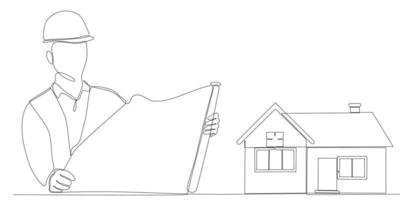 dibujo de una sola línea continua de arquitectura de hombre atractivo con diseño de boceto de construcción de planos de papel en rollo. concepto de servicio de mantenimiento del hogar ilustración de diseño de dibujo de una línea vector