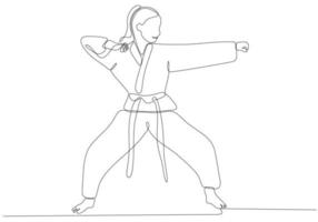 dibujo de una sola línea de una joven karateka deportiva en uniforme de combate con cinturón ejerciendo artes marciales en la ilustración vectorial del gimnasio. concepto de estilo de vida deportivo saludable. dibujo lineal continuo moderno vector