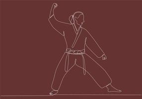 dibujo de una sola línea de una joven karateka deportiva en uniforme de combate con cinturón ejerciendo artes marciales en la ilustración vectorial del gimnasio. concepto de estilo de vida deportivo saludable. dibujo lineal continuo moderno vector