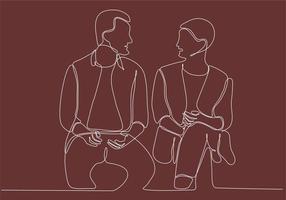 Single continuous line drawing of two young male workers chatting casually during office break. Having small talk at work one line concept drawing graphic design vector illustration