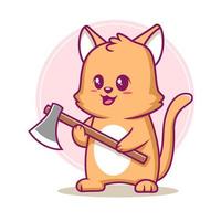 cute cat with axe cartoon vector illustration