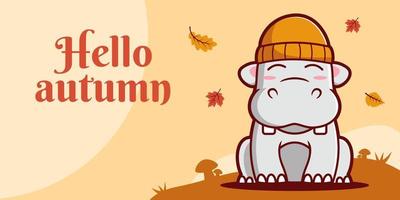 plantilla de banner de redes sociales de otoño dibujada a mano con ilustración de hipopótamo vector