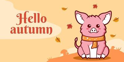 Hand drawn autumn social media banner template with pig illustration vector