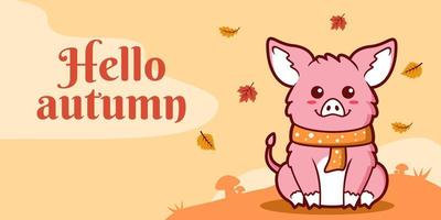 plantilla de banner de redes sociales de otoño dibujada a mano con ilustración de cerdo vector